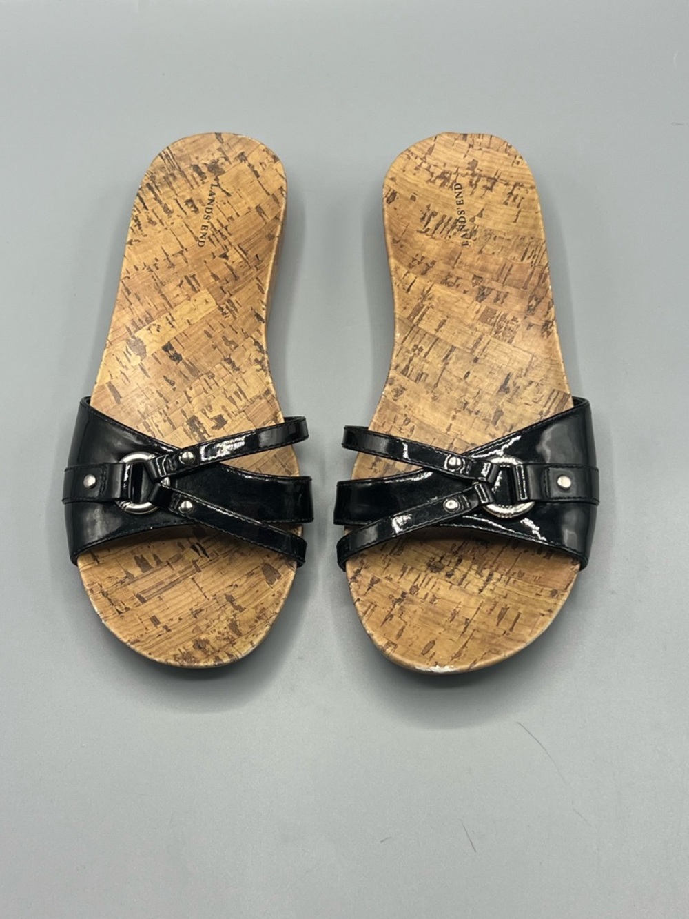 Lands' End Women's Black Harbor Light Flat Patent Leather Slides Sandals